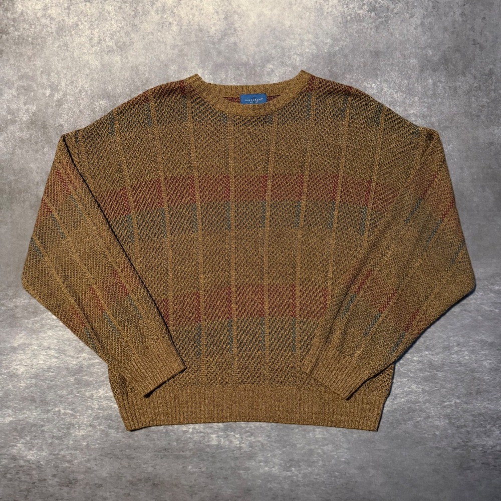 Vintage Towncraft Textured Knit Sweater Mens Large Brown Earth Tones Grandpa 90s